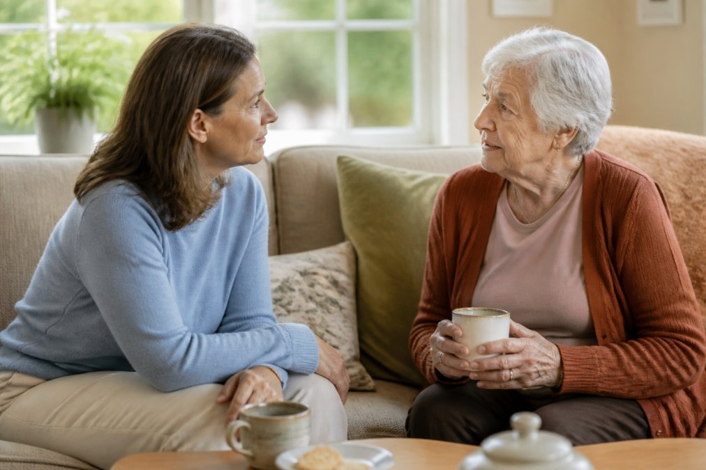 Adult child and aging parent sitting together in a comfortable living room, having a calm, caring conversation over tea or coffee, natural afternoon light streaming through windows, relaxed body language