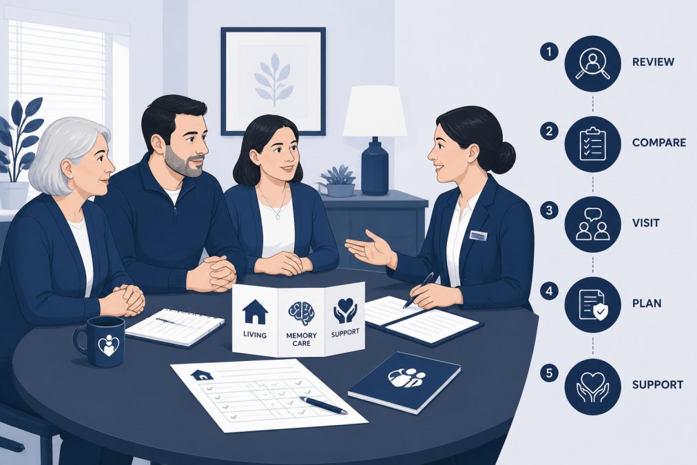 Family members meeting with a healthcare professional or care advisor in a welcoming office setting, discussing care options around a table with brochures and notes, warm lighting, collaborative body language