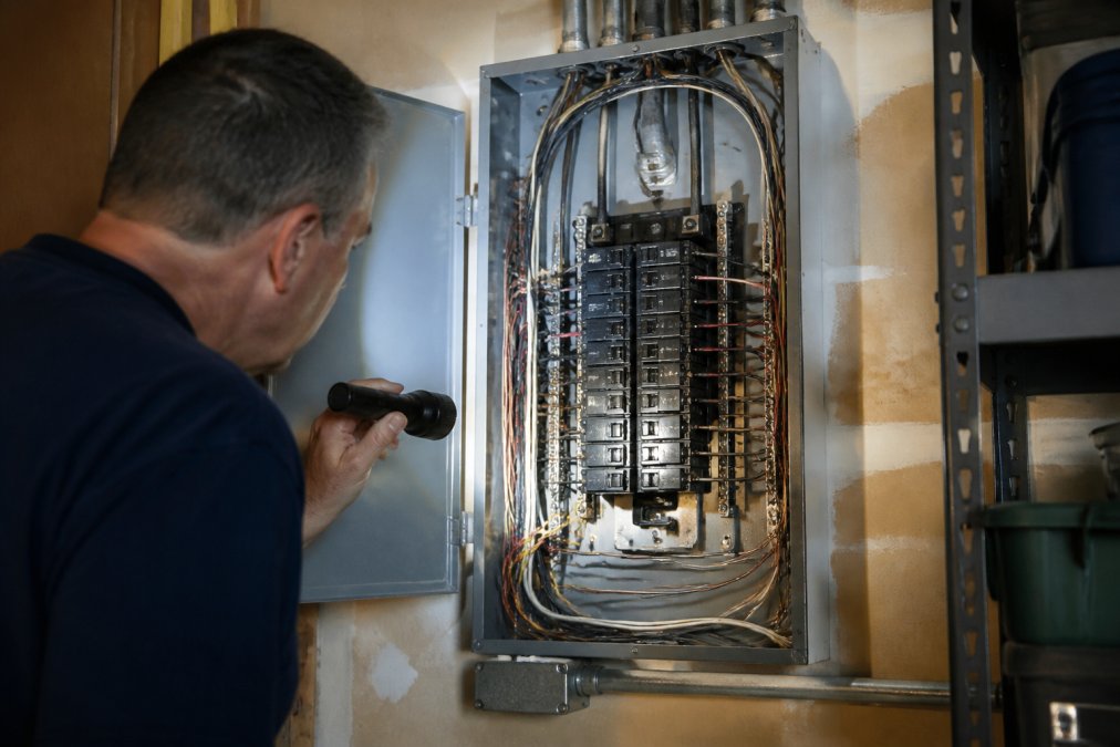 A homeowner with a flashlight inspecting an open residential electrical panel mounted on a garage wall, showing rows of circuit breakers and labeled switches, warm indoor lighting