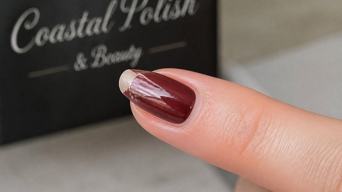 Close-up of a fingernail showing gel polish lifting and peeling at the edge, with visible separation between the gel layer and the nail plate surface