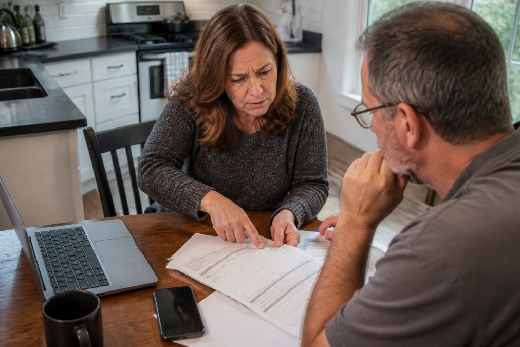 Homeowner reviewing a bad kitchen contractor estimate with online reviews