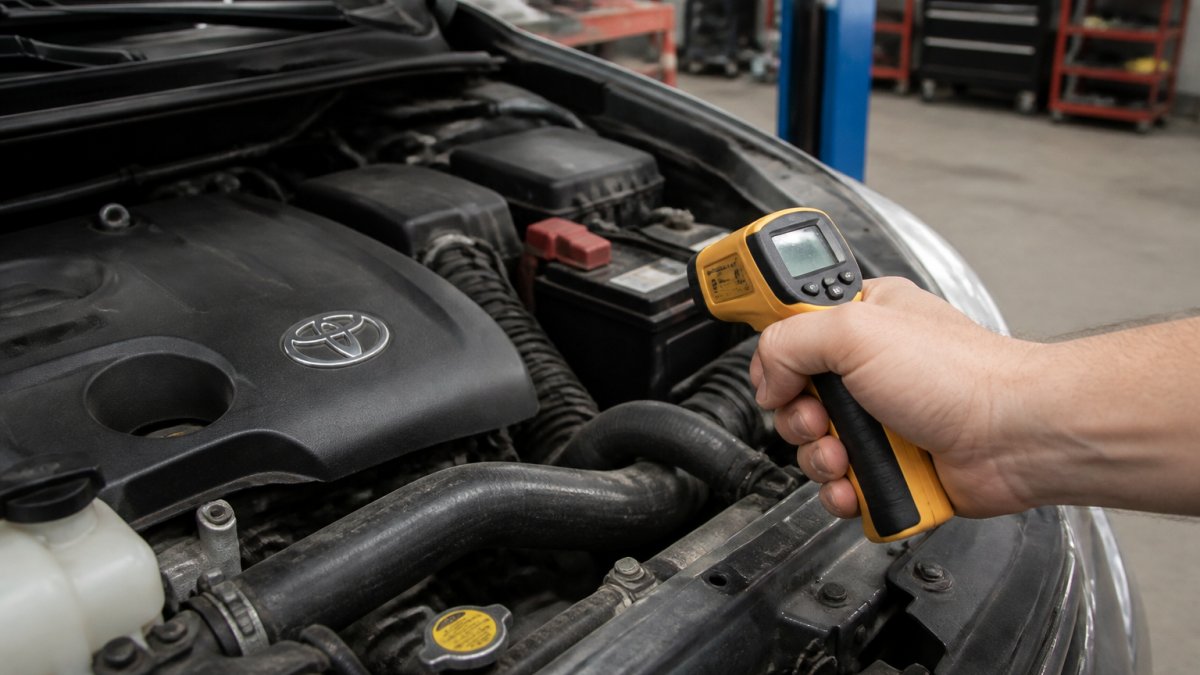 A mechanic's hand holding an infrared thermometer aimed at a Toyota engine's upper radiator hose in a repair shop, with the temperature gauge visible in the background