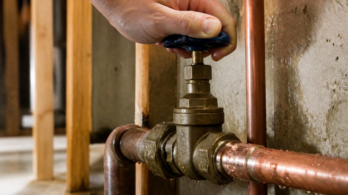 Step-by-step diagram for turning off a main water valve during a burst pipe emergency to stop basement flooding.
