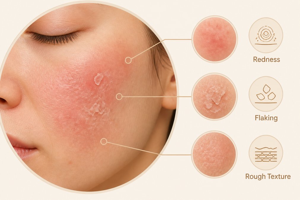 Close-up of skin on cheek showing visible redness, flaking patches, and rough texture under natural daylight, with inflamed appearance indicating compromised barrier
