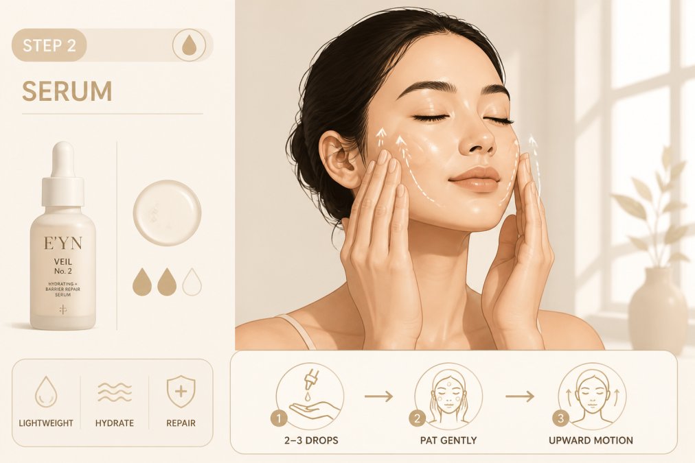 Hands applying lightweight serum to face in gentle upward patting motions, with soft natural lighting from window showing the technique clearly