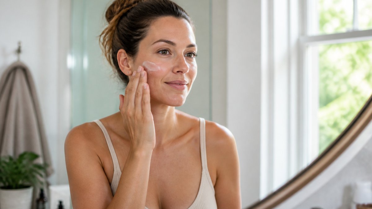 A woman with sensitive skin gently applying a small amount of face tallow cream to her cheek in a softly lit bathroom, looking calm and relieved, natural light coming through a window