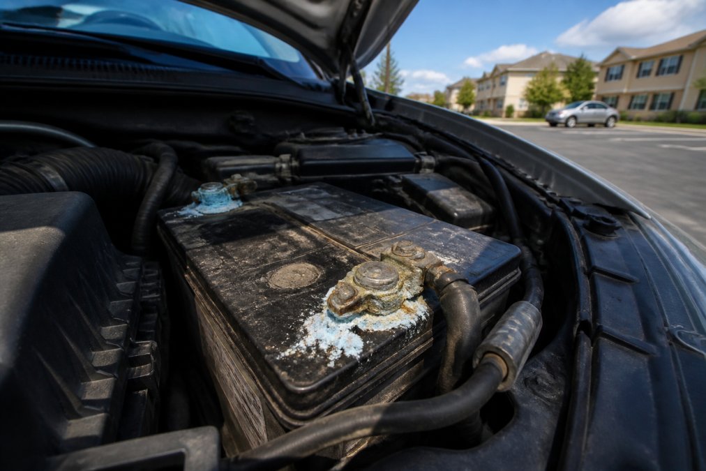 Close-up of a car battery with heavy white and blue corrosion buildup on both terminals, hood propped open in a suburban parking lot under bright afternoon light