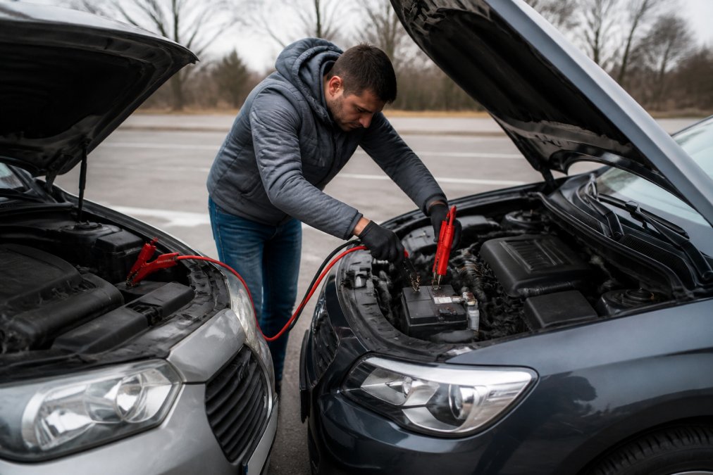 A person in jeans and a grey jacket connecting red jumper cables to a car battery under an open hood in a parking lot, a second vehicle parked nose-to-nose with its hood also raised, overcast daylight