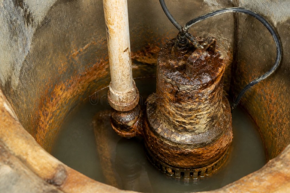 Close-up of a corroded and rust-covered sump pump in a basement sump pit, showing visible deterioration and mineral buildup on the pump housing with orange-brown rust stains on the pit walls