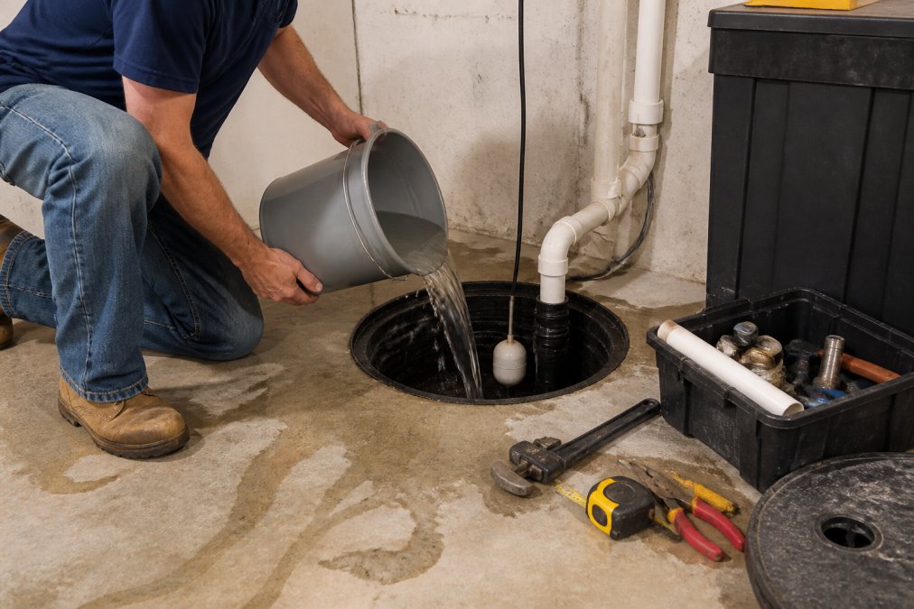 Homeowner pouring water from a bucket into a sump pit to manually test the pump activation, with the float switch visible rising as water level increases in the pit