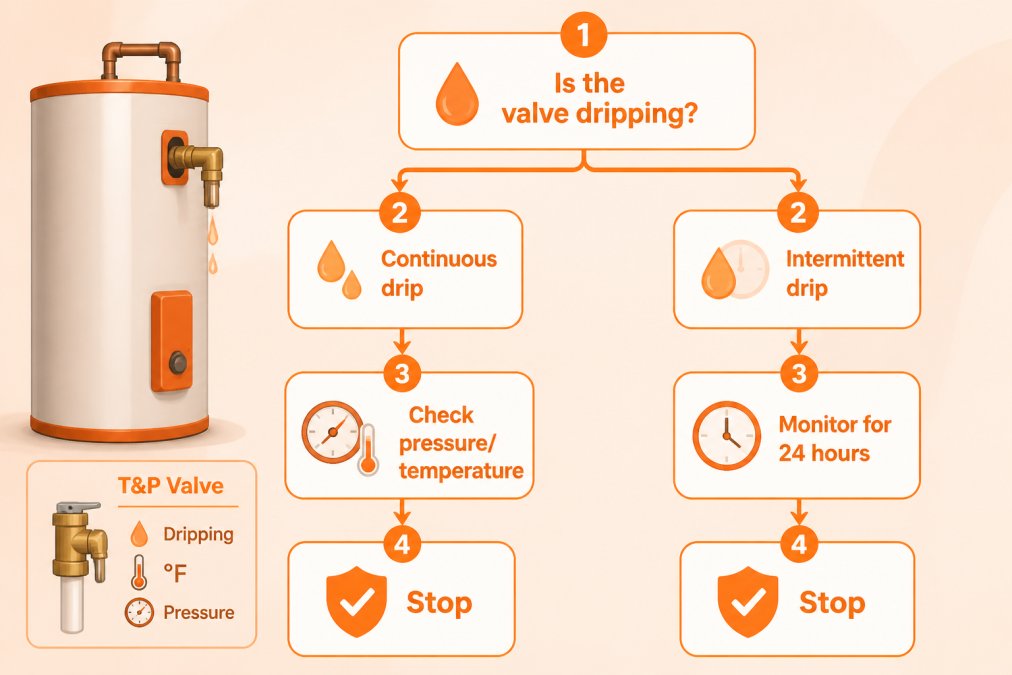 Decision flowchart: start with 'Is the valve dripping?' then branch to 'Continuous drip' leading to 'Check pressure/temperature' and 'Intermittent drip' leading to 'Monitor for 24 hours', with stop conditions for each path