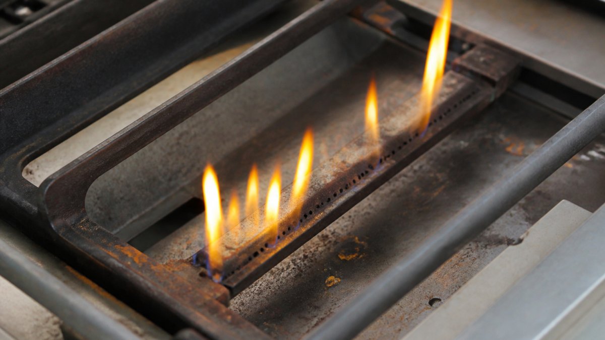 Close-up of a propane grill burner with yellow and orange flames flickering unevenly instead of steady blue flames, showing signs of incomplete combustion