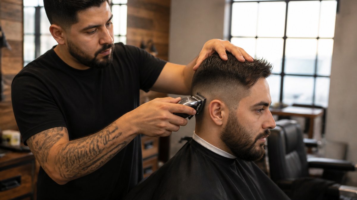 Professional barber demonstrating proper clipper technique with controlled hand positioning on client's head during a fade haircut, showing relaxed grip and steady hand placement
