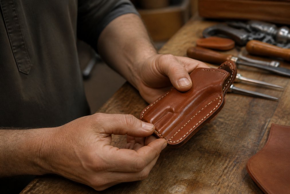 Close-up photograph of hands examining the stitched welt and burnished edges of a brown leather holster on a wooden workbench, with leather crafting tools visible in the background