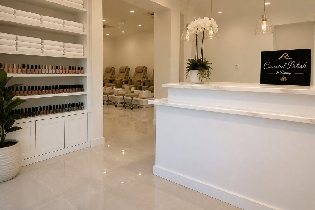 Modern nail salon reception area with spotless white counters, organized supply shelves with clearly labeled bottles, fresh white towels stacked neatly, and polished floors reflecting overhead lighting