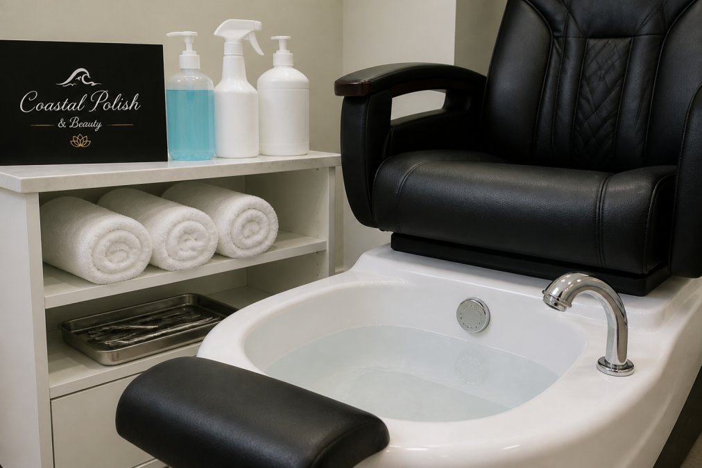 Clean pedicure station with white porcelain foot basin freshly filled with clear water, nearby shelf holding bottles of hospital-grade disinfectant, fresh white towels rolled neatly, and stainless steel tools arranged in a sterilized tray