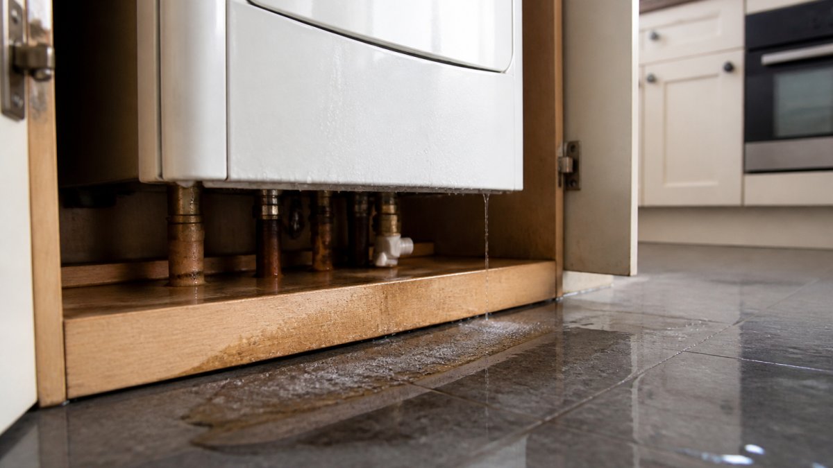 Close-up of water pooling and dripping beneath a boiler unit, showing visible moisture and dampness on the floor around the base in a residential kitchen