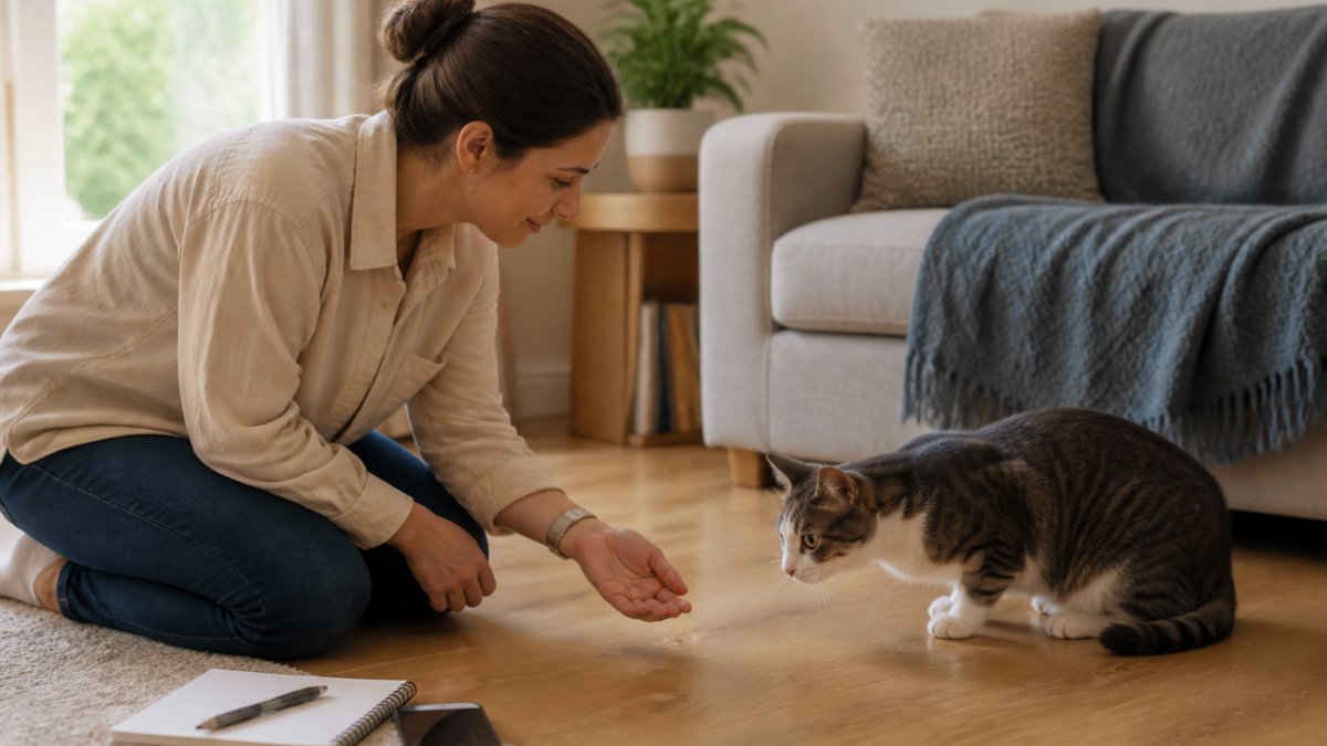 Cat sitter gently reaching out to a cautious cat in a sunlit living room with a notepad nearby