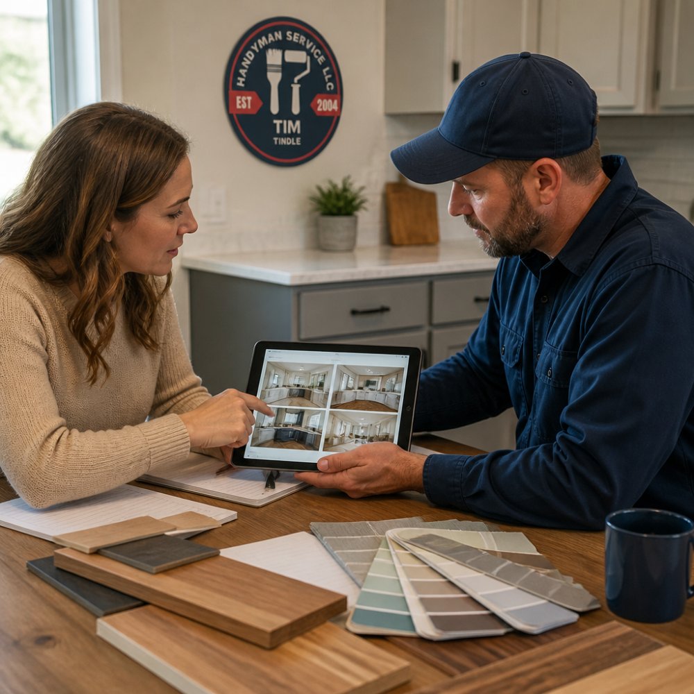 A homeowner and a contractor reviewing a photo portfolio of completed remodeling work on a tablet at a kitchen table, with samples of wood and paint swatches nearby