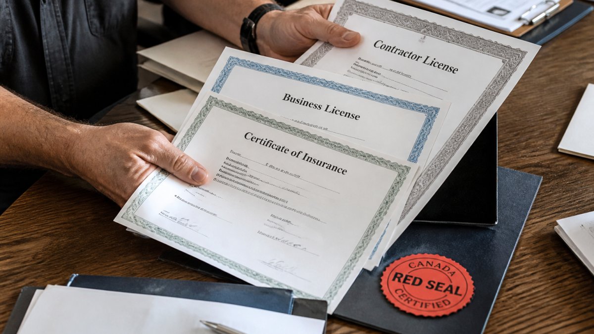 Hands holding licensing and Red Seal documents for a reliable home renovation contractor on a desk.