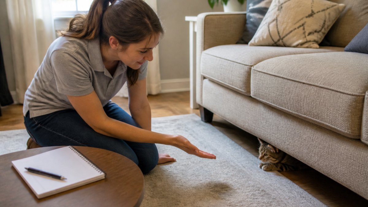 A pet sitter kneeling on a living room floor, calmly offering a hand toward a shy cat peeking from under a sofa, with a notepad and pen nearby on a coffee table