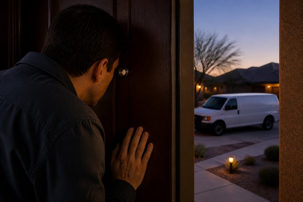 A homeowner standing at their front door, peering through the peephole at an unmarked white van parked in the driveway at dusk, looking concerned