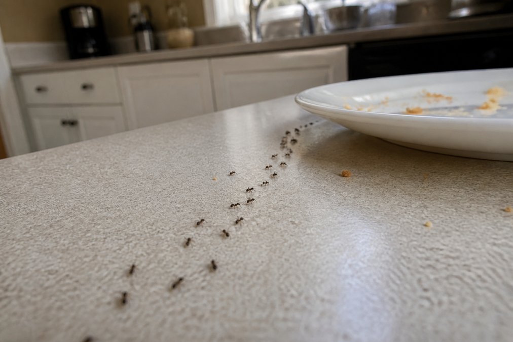 Close-up photograph of a line of small black ants crawling along a kitchen countertop near a crumb-covered plate, with blurred cabinets in the background