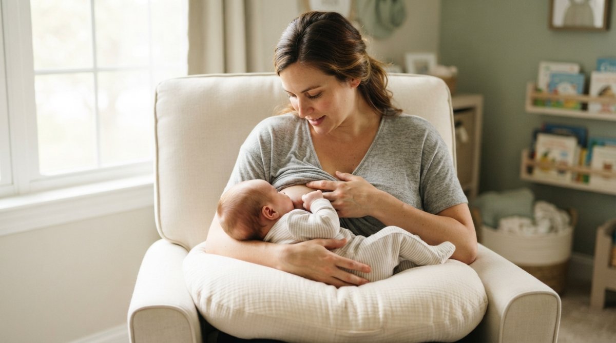 A mother sitting comfortably in a nursery chair using a V-shaped nursing pillow to support her newborn during breastfeeding, warm natural light, calm and supportive atmosphere