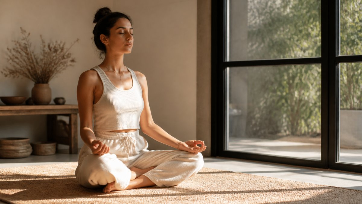 Person sitting peacefully in meditation posture with hands resting on knees, soft natural light streaming through a window creating a calm, introspective atmosphere in a minimalist space