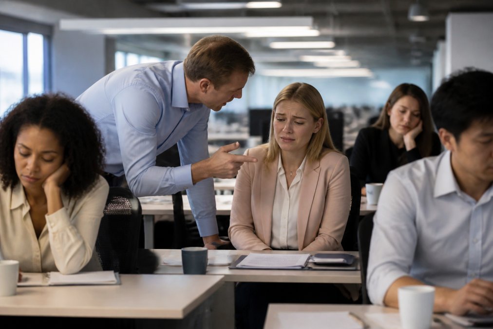 A tense open-plan office scene showing a manager leaning over a visibly uncomfortable employee at a desk, speaking sharply, while nearby colleagues look down at their screens or turn away, harsh fluorescent lighting overhead