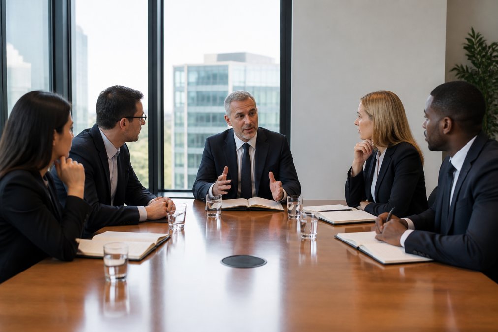 A senior executive in a tailored suit facilitating a calm, structured discussion with four leadership team members around a polished boardroom table, notepads open, body language relaxed and engaged, natural daylight from large windows
