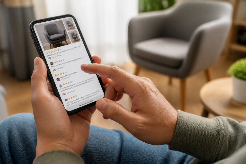 Close-up of a smartphone displaying positive customer reviews and ratings on an e-commerce website, with a person's hand visible scrolling through testimonials