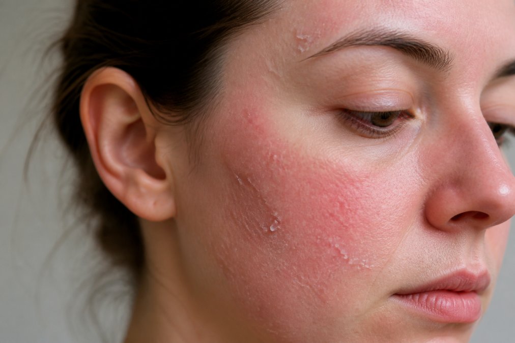 Close-up of a person's face showing visible redness, flakiness, and irritation on the cheek and forehead area, with natural soft lighting highlighting the compromised skin texture
