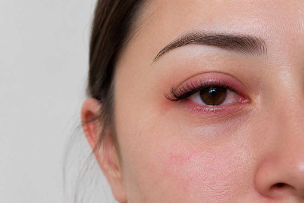 Infographic displaying common signs of allergic reaction to lash glue, showing redness and eye puffiness