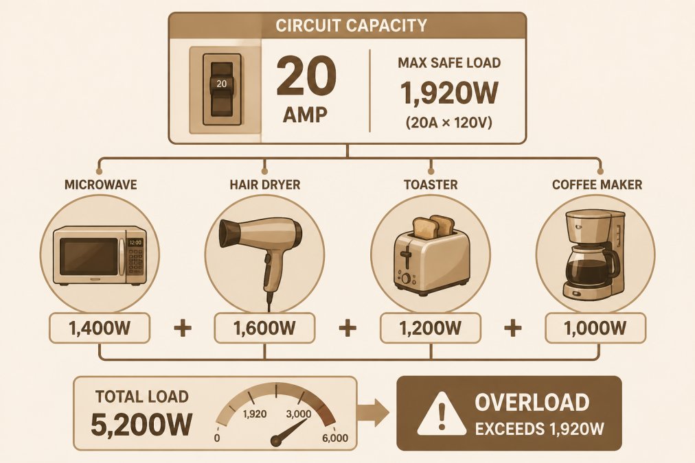Diagram showing a 20-amp circuit capacity with labeled appliances and their power draw: microwave 1,400W, hair dryer 1,600W, toaster 1,200W, coffee maker 1,000W, demonstrating how combined loads exceed the 1,920W safe limit