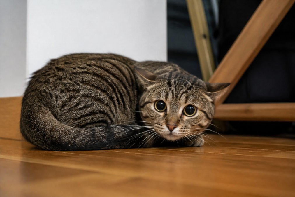 Step-by-step visual guide for domestic and cat and crouched concepts for signs of anxiety in cats