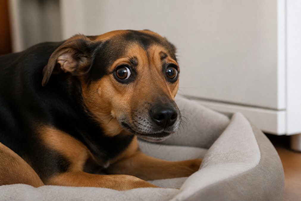 Close-up of a rescue dog's face showing dilated pupils, pulled-back ears, tense jaw, and furrowed brow while sitting on a calming dog bed, with soft indoor lighting