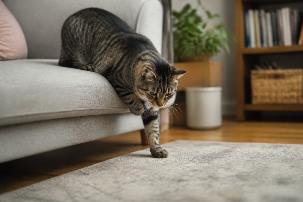 A senior tabby cat carefully hesitating before stepping down from a low sofa, ears slightly back, in a cozy living room with warm soft lighting