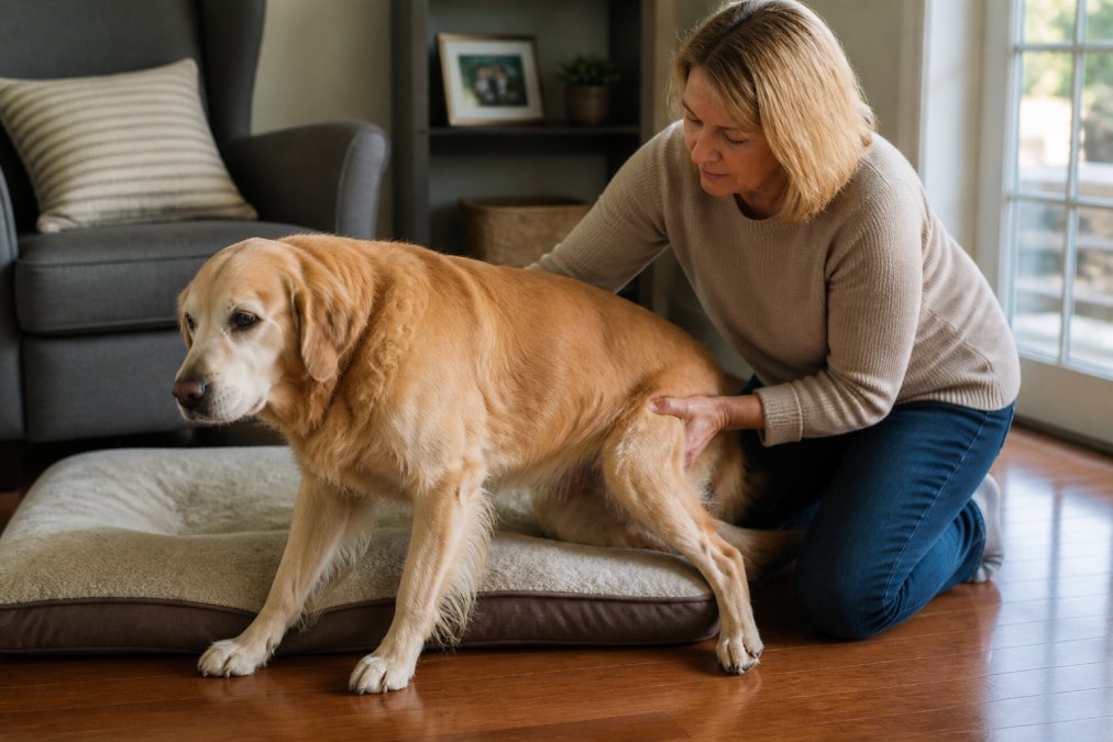 A senior golden retriever lying on a soft orthopedic bed in a bright living room, with a caring owner kneeling beside and gently supporting the dog's hindquarters to help it stand up