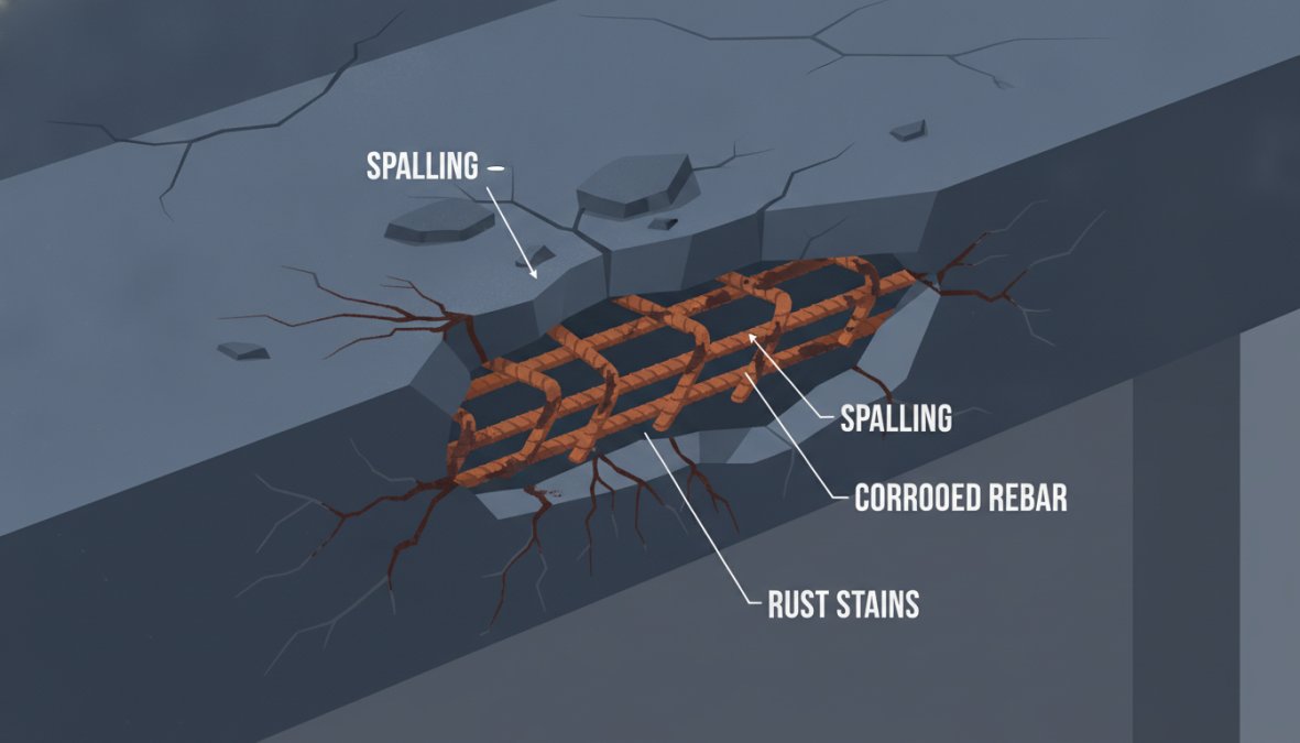 Close-up photograph of a concrete balcony soffit showing visible spalling, orange rust stains bleeding through the concrete surface, and sections of chipped concrete revealing corroded rebar underneath, shot in direct natural light