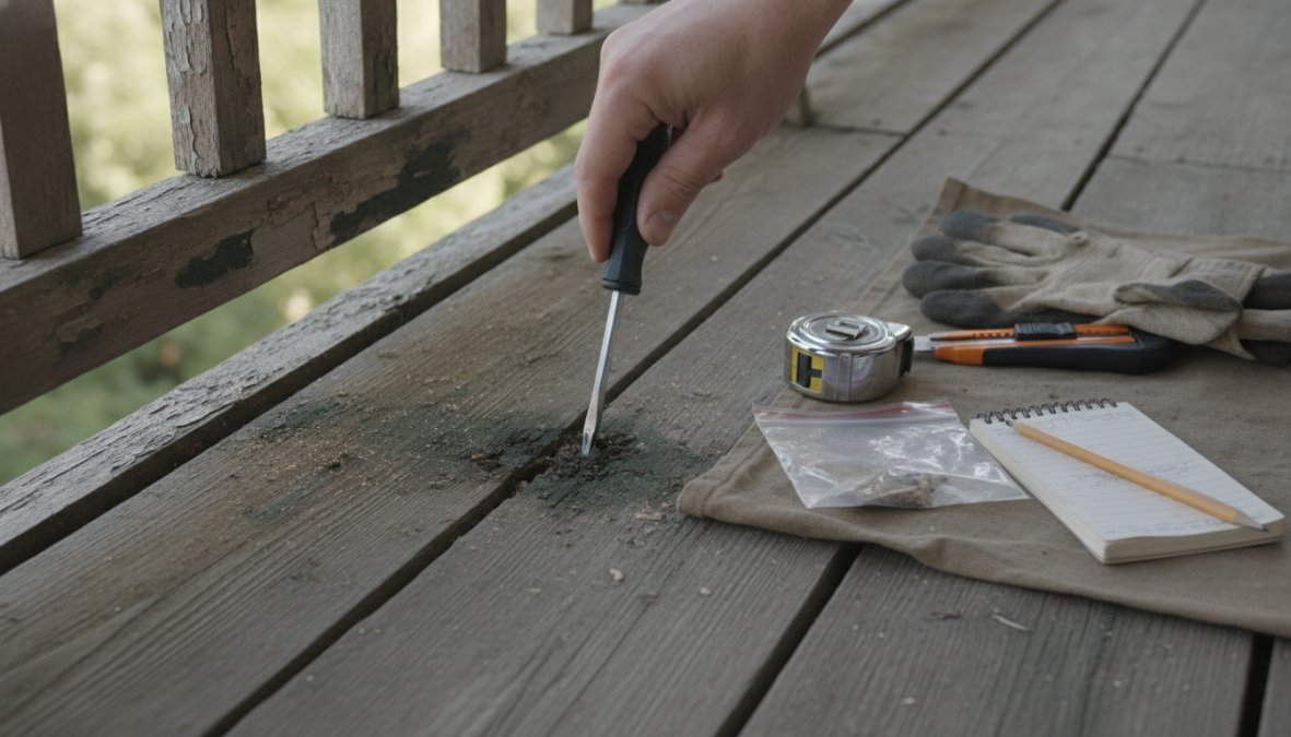 A licensed inspector in a hard hat crouching down to probe a weathered wooden balcony deck with a screwdriver near the ledger board connection, checking for soft spots and fungal decay in afternoon natural light