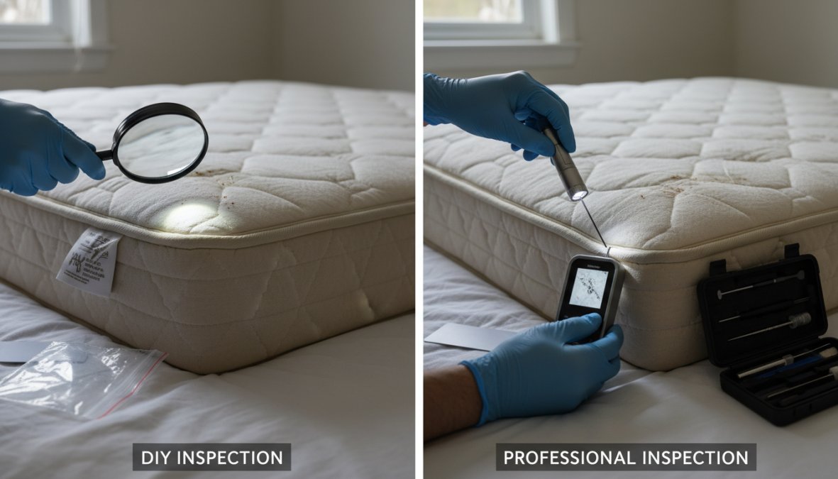 A person wearing blue latex gloves using a bright flashlight and handheld magnifying glass to carefully examine the corner seam and tag area of a bare mattress in a bedroom, with a white plastic card and a clear ziplock bag visible on the bed beside them