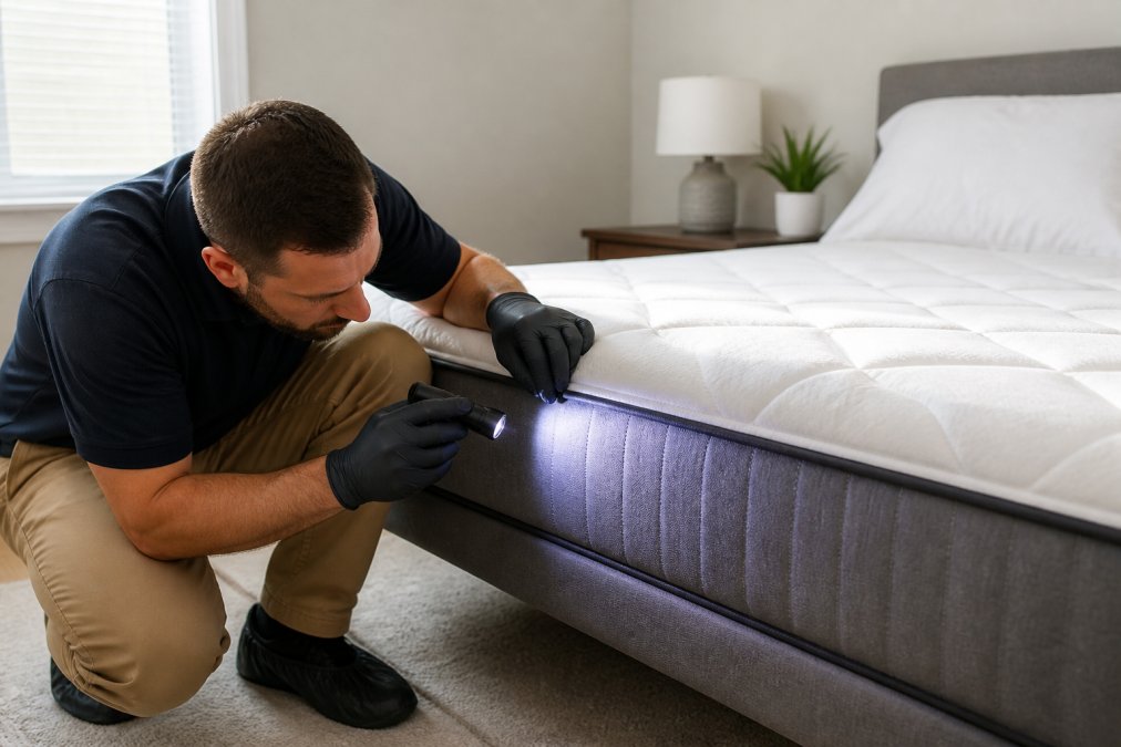 Person using a flashlight to check mattress seams for signs of bed bugs in an apartment bedroom