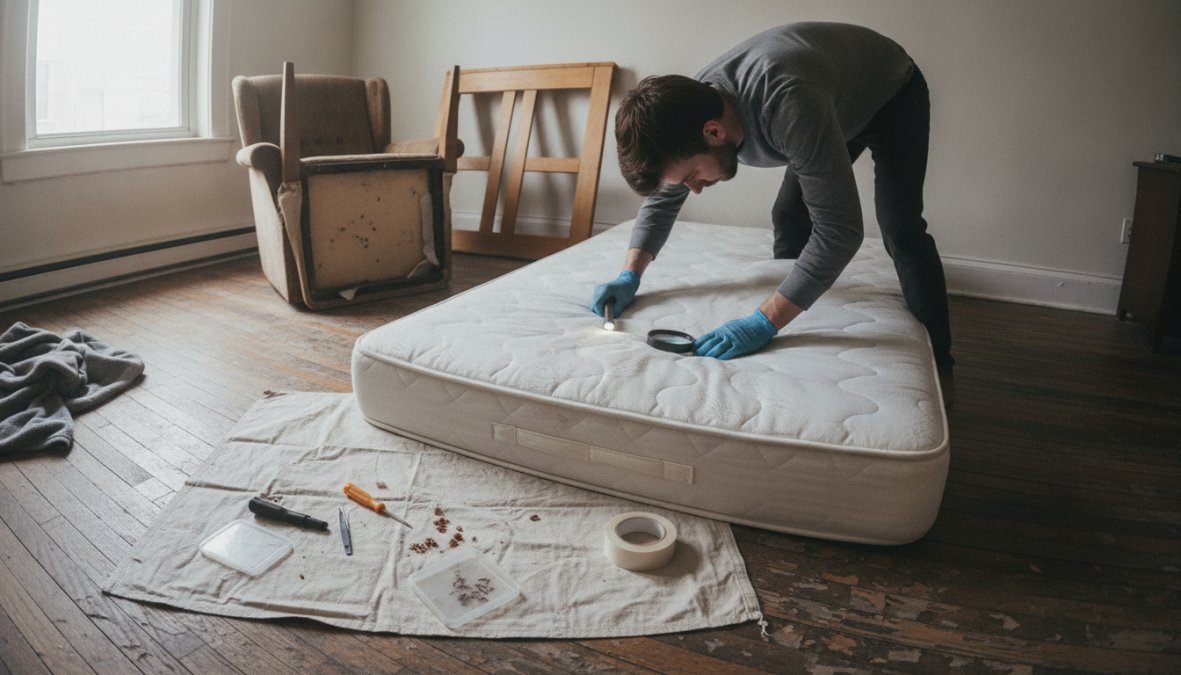 Person wearing disposable gloves using a bright flashlight and magnifying glass to carefully inspect the corner seam of a mattress in a dimly lit bedroom, examining the fabric closely