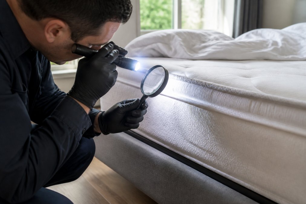 Professional inspector's hands using a flashlight and magnifying glass to examine mattress seams in detail, with white bedding visible and natural daylight in background