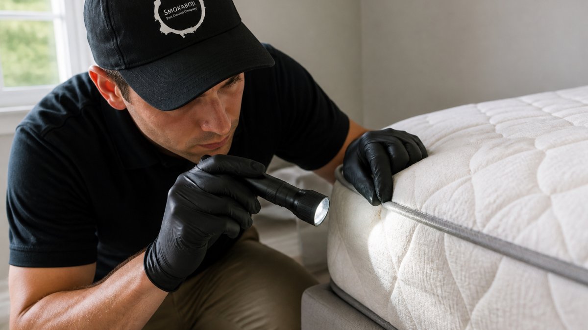 Close-up of hands using a flashlight to carefully examine mattress seams and piping, showing proper inspection technique in bright daylight