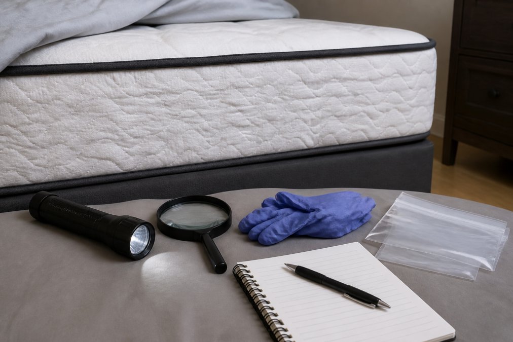 Person preparing for mattress inspection with flashlight, magnifying glass, disposable gloves, notebook, and plastic collection bags arranged on a clean surface