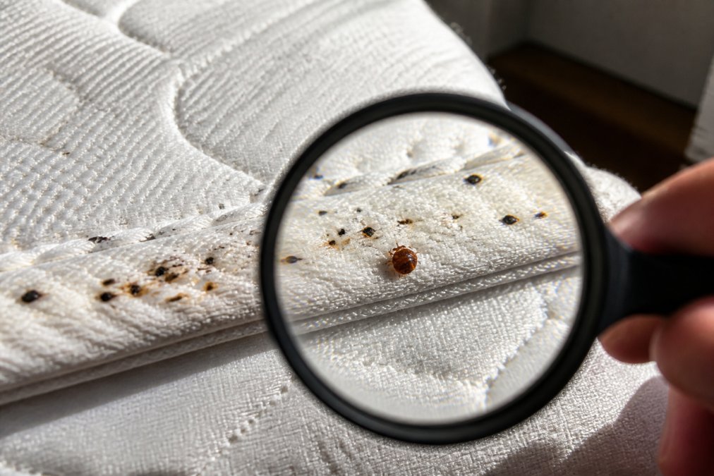 Close-up of mattress seam showing bed bug fecal spots, rusty stains, and a live bed bug under magnifying glass with natural light highlighting the evidence