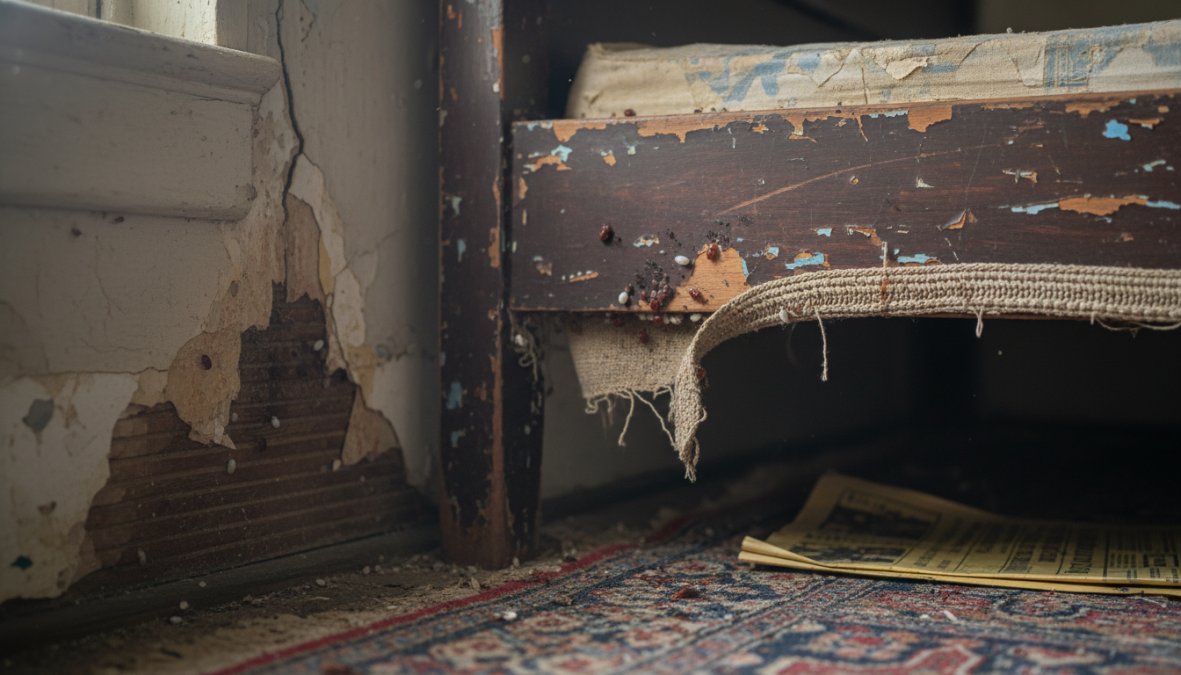 A [pest control](/safe-pest-control-for-pets-and-children/) technician in a uniform using a flashlight to inspect the wooden frame and crevices of an old upholstered couch in a dimly lit Boston apartment with exposed brick walls and aged plaster
