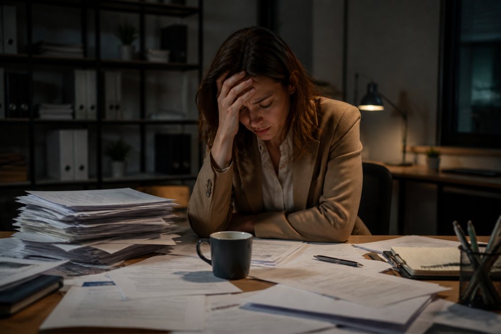 Infographic illustrating early signs of burnout in professionals through a stressed worker at a cluttered desk.